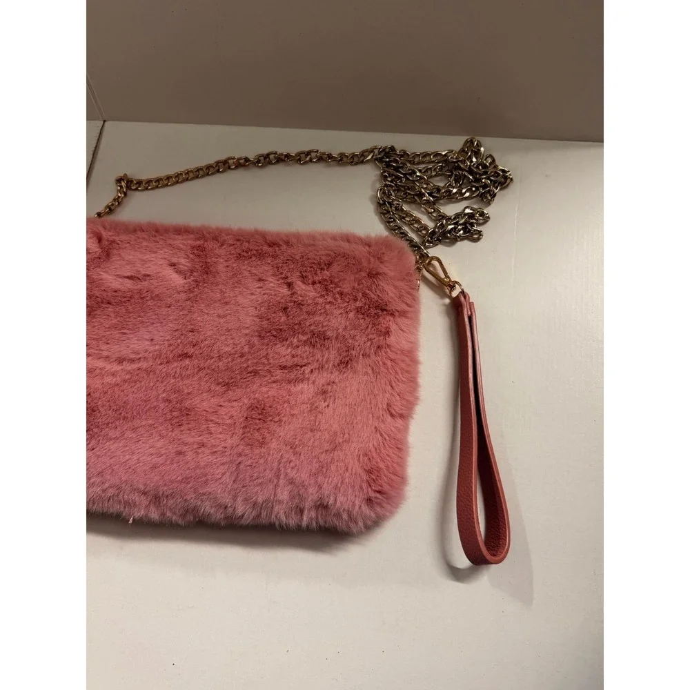Chelsea 28 Pink Faux Fur Convertible Crossbody Clutch Wristlet Chain Strap